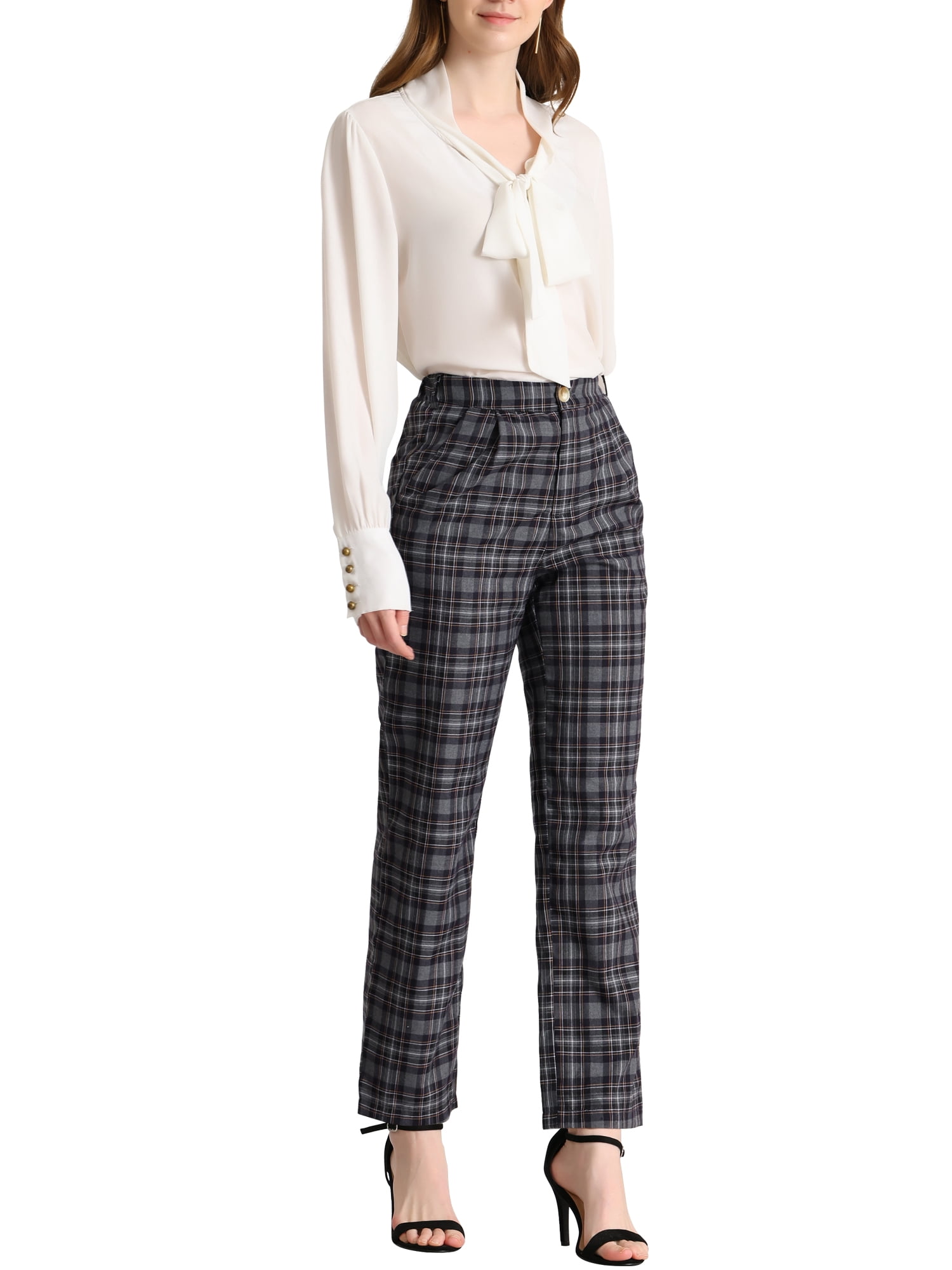 DARING DIVA Women's Plaid Trousers Pockets Straight Leg Casual Pant S dark Gray Black