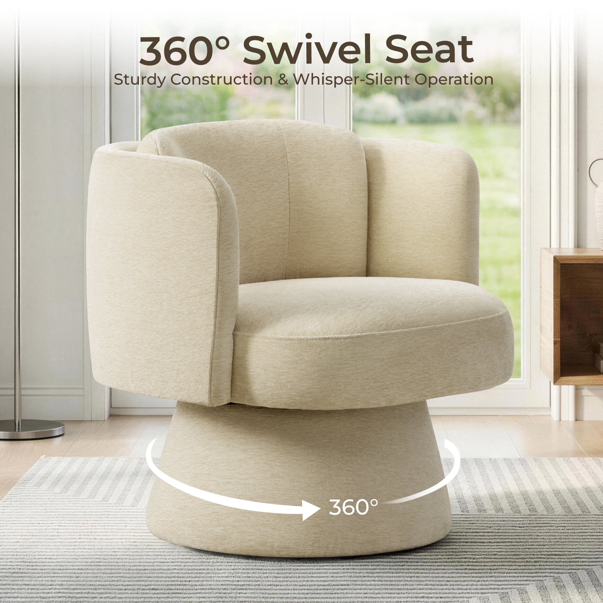Spruce & Spring Modern Upholstered Swivel Barrel Accent Chair, 360° Rotating Armchair for Living Room, Bedroom & Office, Single, Beige