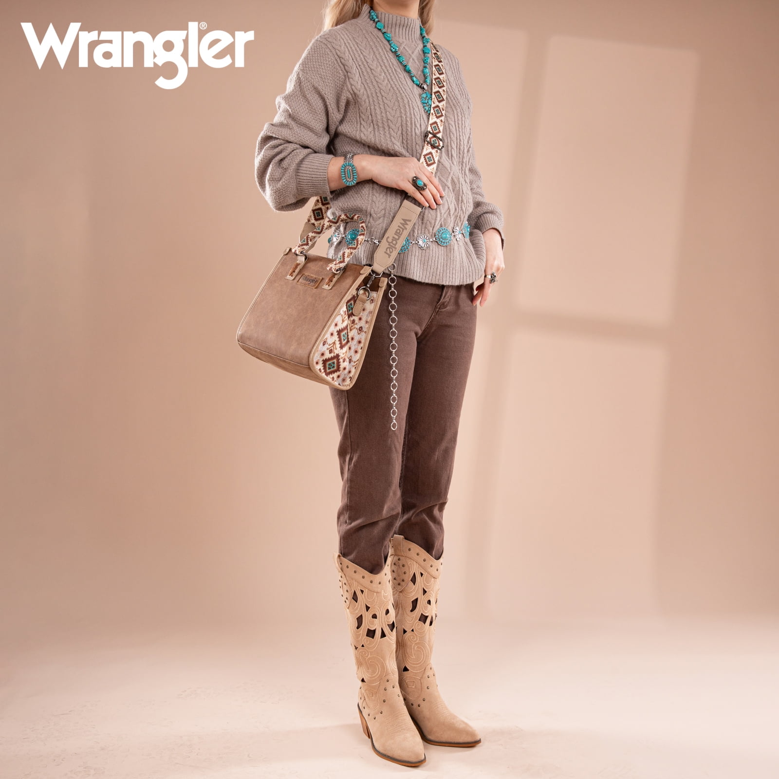 Wrangler Tote Bag for Women Western Retro Purse Top Handle Handbags with Aztec Strap, Brown