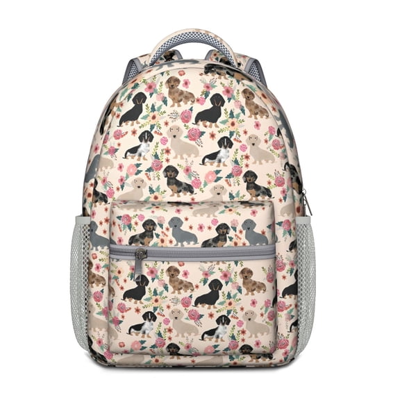 Dachshund and Flower Backpack for School,Cute School Bag,Schoolbag with Adjustable Shoulder Straps & Padded Back,15.3"x11"x6.7"