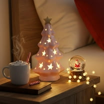 Ceramic Christmas Tree Decor 7 Inch - Pink Tabletop Xmas Tree for Desk, Miniature Holiday Village Display for Mantel, White Glossy Christmas Ornament Gift for Family, Friends, Colleagues