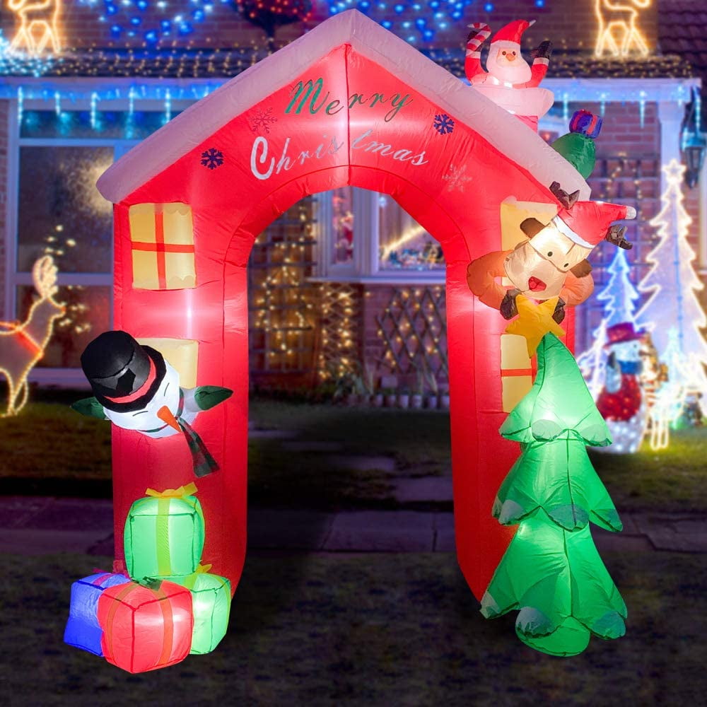 FUN 8ft Inflatable Christmas Arch with Santa, Snowman, Elk LED Blow Up