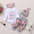 thumbnail image 5 of LAPAKIDS Baby Girl Clothes 0-3 Months Infant Baby Girls Outfits Letter Print Romper Tops Floral Pants Headband Hat 4Pcs Set, 5 of 7