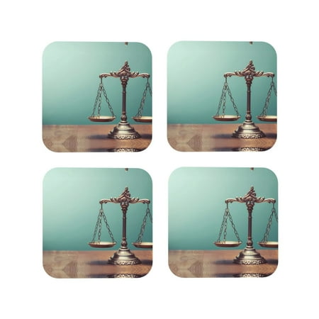 

Leather Coasters Set of 4 - Vintage Brass Balance Scale Lightweight Non-Slip Drink Coasters for Desk Anti-Scalding Desk Cup Coasters for Office Table Decor Square
