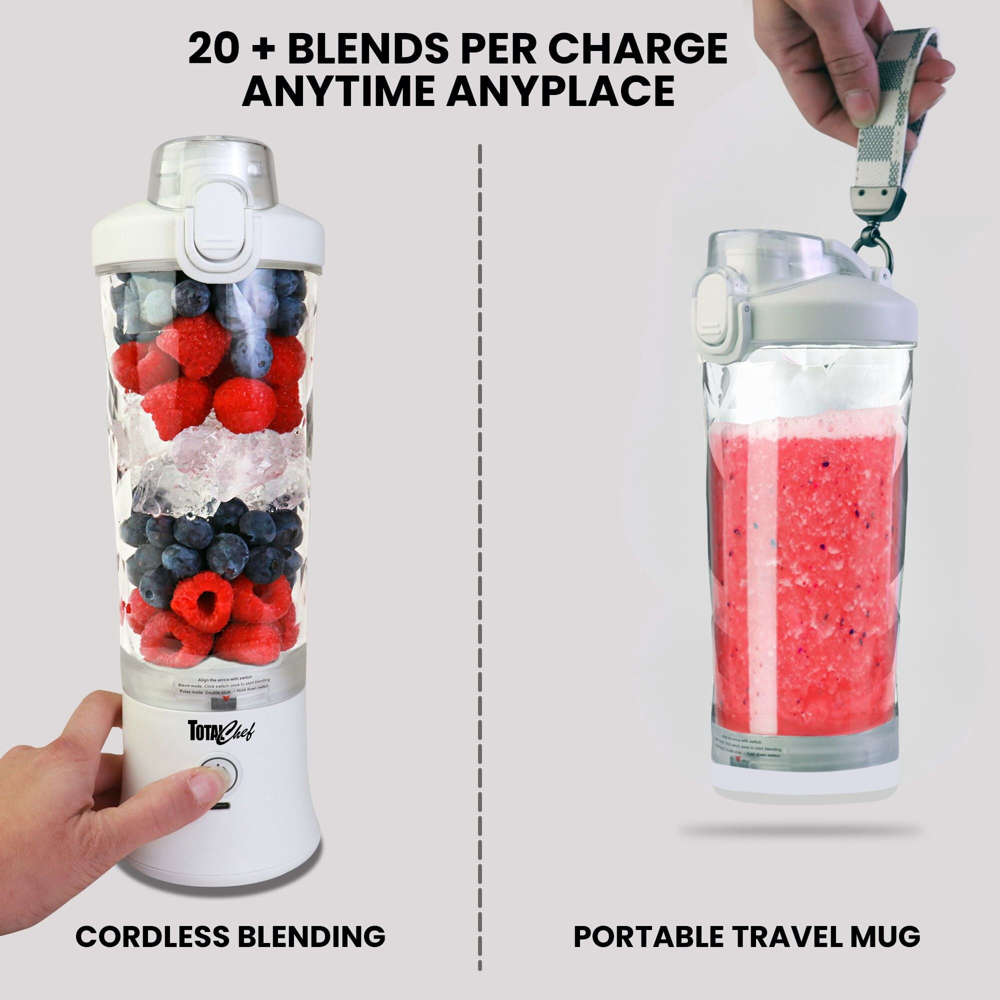 Total Chef Portable Blender 20 oz (600 mL), USB Rechargeable, White