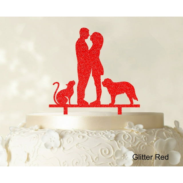 Couple Wedding Cake Topper With Pets Silhouette Wedding Topper Cake Decorations Color Option Available 6.5-7.5 Inches Wide