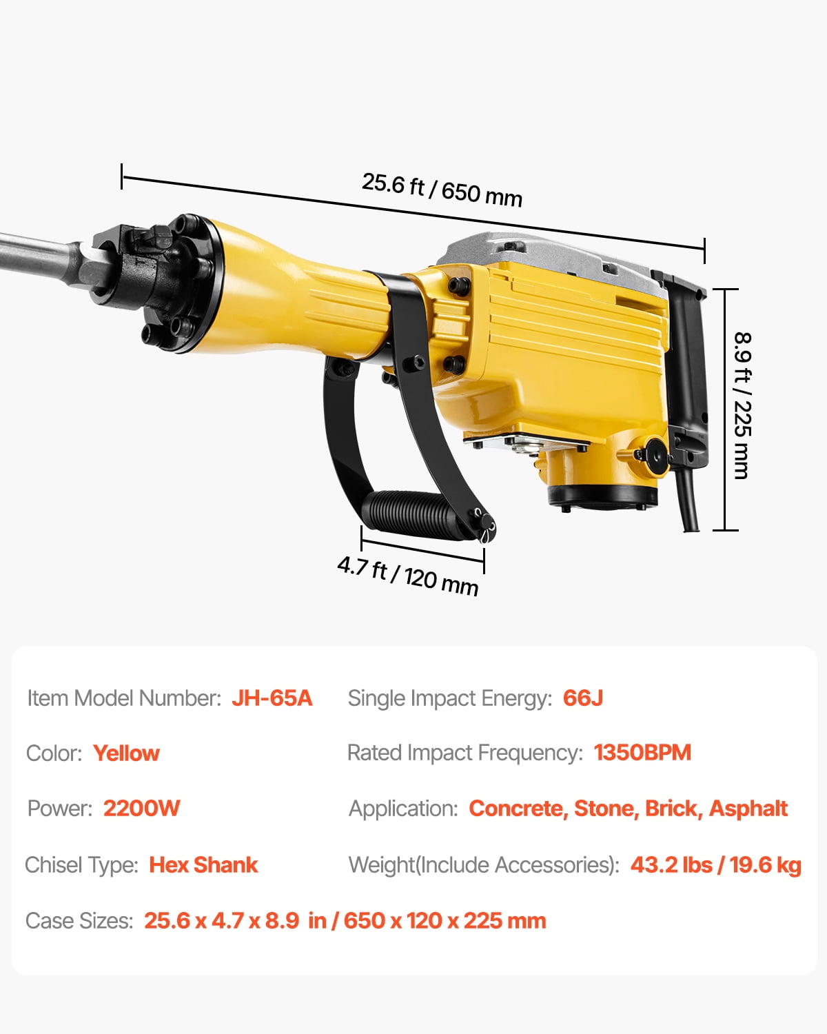 VEVOR Demolition Jack Hammer, 2200W Electric Jackhammer Heavy Duty, 1350 BPM Jack Hammer Concrete Breaker, with 1 Point Chisel, 1 Flat Chisel, Storage Case, Gloves and Goggles, for Demolition