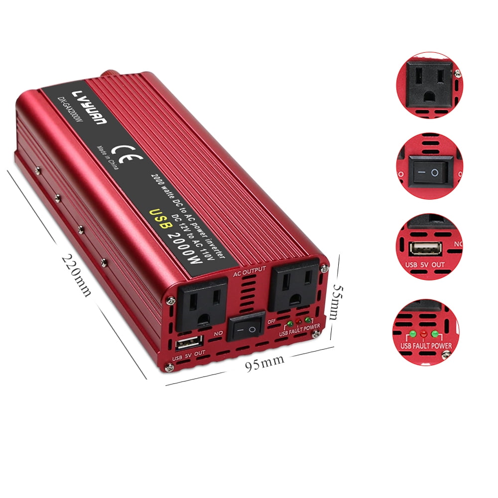 Yinleader Power Inverter 1000W/2000W(Peak) DC to AC 12V to 110V 1000W Car Inverter DC 12V Inverter with 3.1A USB Car Adapter