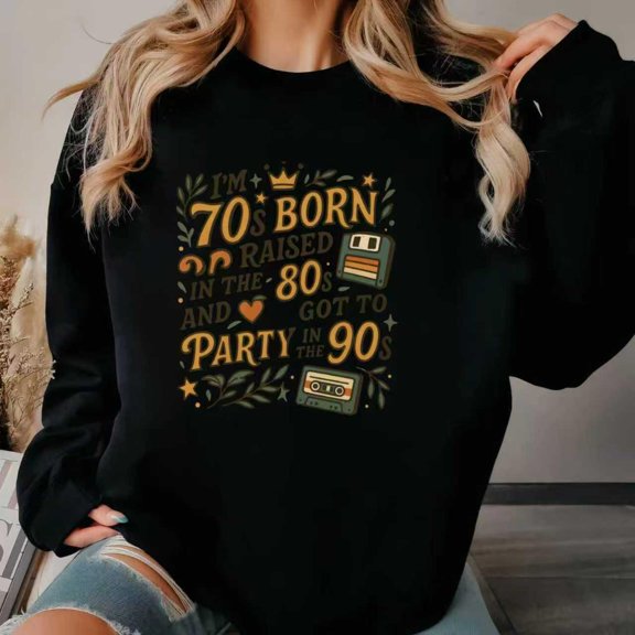 Womens Retro Decades Graphic Sweatshirt Casual Vintage Breathable Round-neck long-sleeved Black S-3XL
