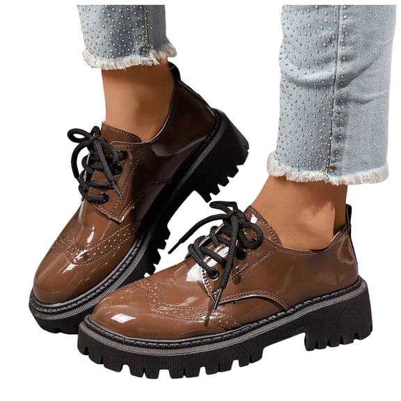 HEWUQI Oxford Shoes for Women Lace up Platform Wingtip Patent Leather Chunky Low Heels Round Toe Casual Work Vintage Dress Pumps Khaki Size 6