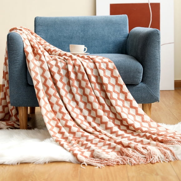 Akrylstickad Filt, Lätt och Mjuk Mysig Dekorativ Vävd Filt med Fransar för Resor, Soffa, Säng, Soffa, 130x170 cm