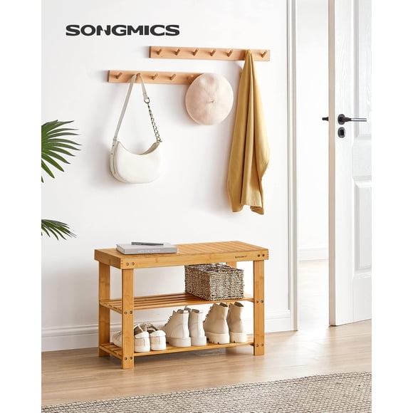 SONGMICS Banco Zapatero, Organizador para Zapatos de Bambú, 28.7 x 70.1 x 45.3 cm, para Sala de Estar, Dormitorio, Natural