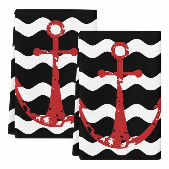 Dish Towels, Nautical Anchor Absorbent Kitchen Towels 2 PCS, Black and White Wave Stripes Microfiber Hand Towels Dish Cloths Tea Towels for Home Bathroom Cleaning Drying,18X28-Inch,