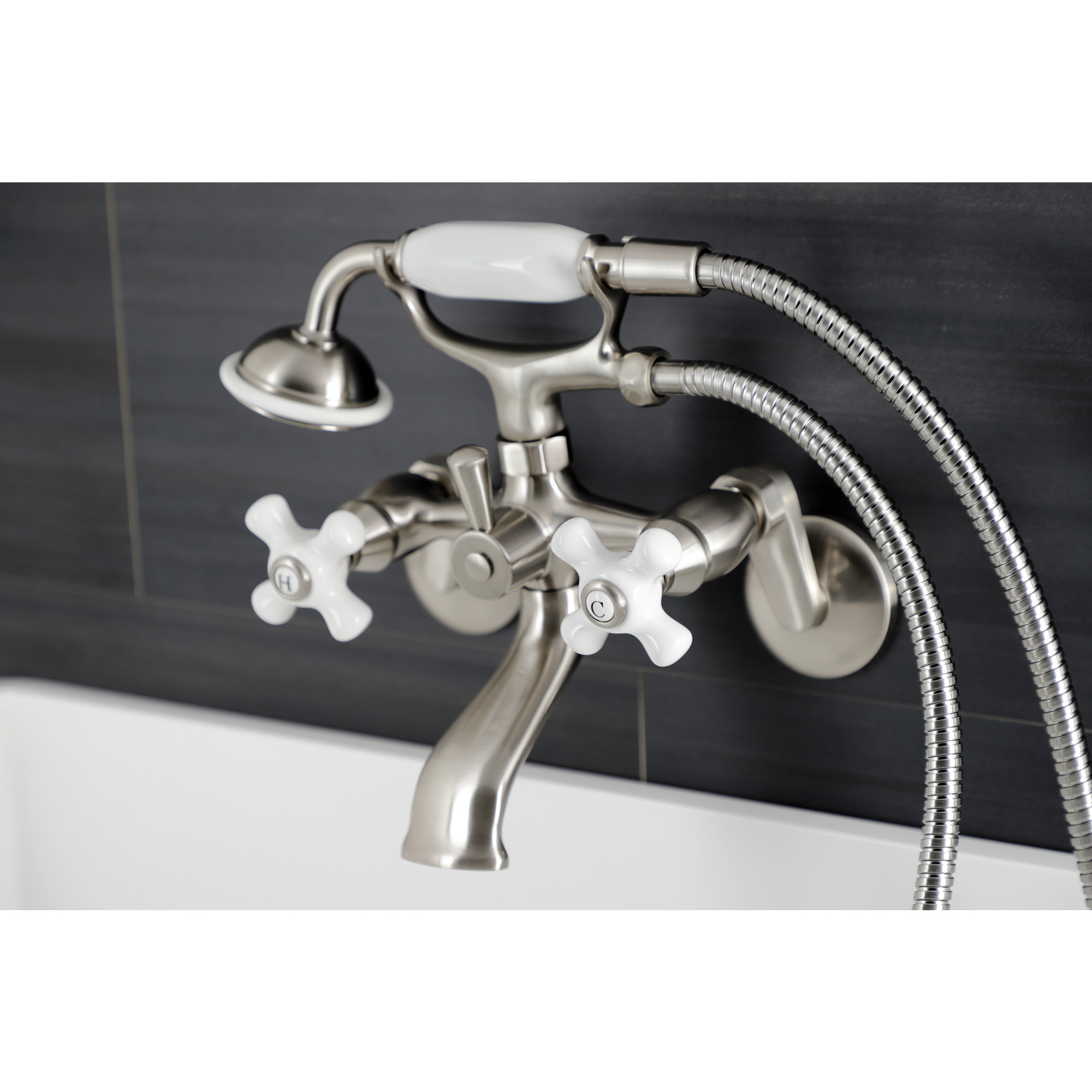 Kingston Brass KS266PXSN Kingston Three-Handle 2-Hole Wall Mount Clawfoot Tub Faucet with Hand Shower in Brushed Nickel