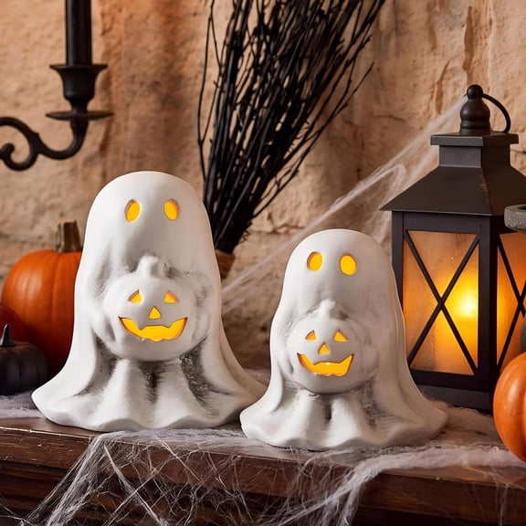 Guvpev Set of 2 Halloween Decorations, Terracotta Ghost Tealight Candle Holders with Pumpkin, Handmade Luminous Ghost Ornament for Fall Home Decor, Halloween Party Table Centerpiece & Mantel