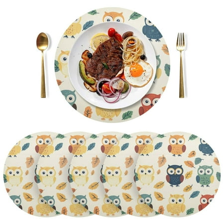 

Round Placemats Plate Mats 15 Inch Non-Slip Heat Resistant Washable PVC Set Table Decoration for Kitchen Dining Owls and Foliage