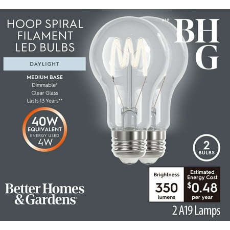 Better Homes & Gardens 4-Watt (40W Equivalent) Daylight A19 Vintage LED Light Bulbs E26 Base (2 Pack)