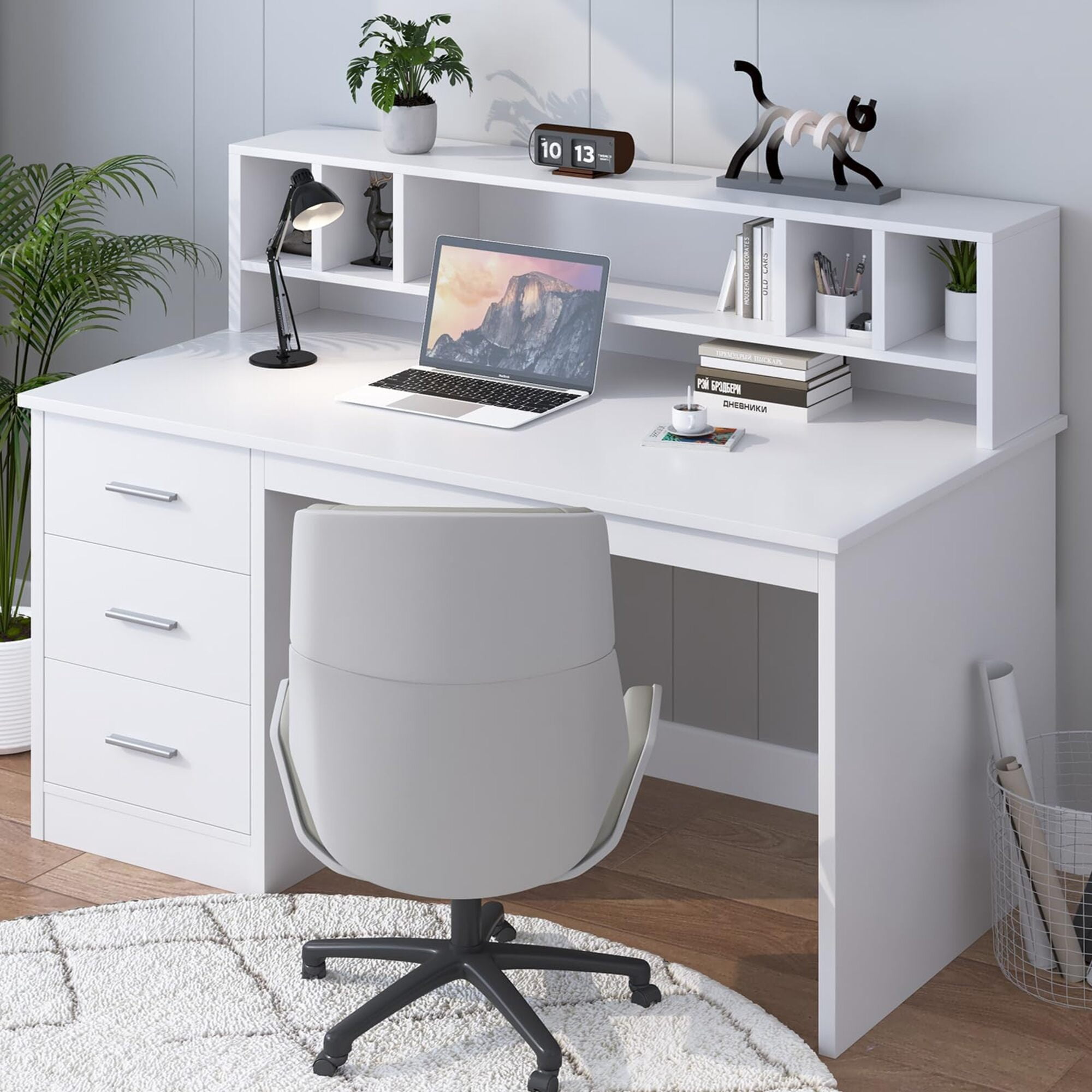 46-Inch Home Office Desk with Hutch & 3 Storage Drawers, White Finish, Small Space Writing Study Table for Home Office/Study Room