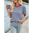 thumbnail image 6 of Womens Tops Casual Summer Crewneck Short Sleeve Striped Color Block Knit High Low Trendy Pullover Sweaters Navy Blue Red XXL, 6 of 9