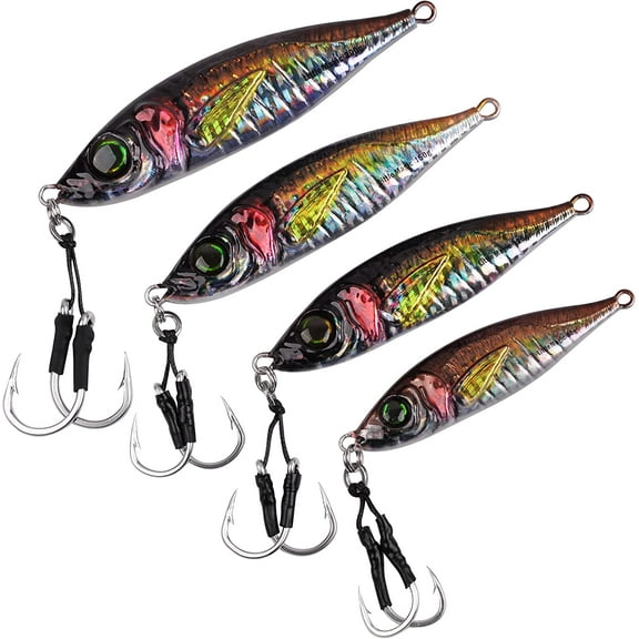 Fishing Jigs Saltwater Glow Lures Double Assist Hook for 3D Colors Jigging Lures Glow Offshore Speed Metal Jig Micro Butterfly Spoons with Assist Hooks for Tuna Yellowtail Kingfish