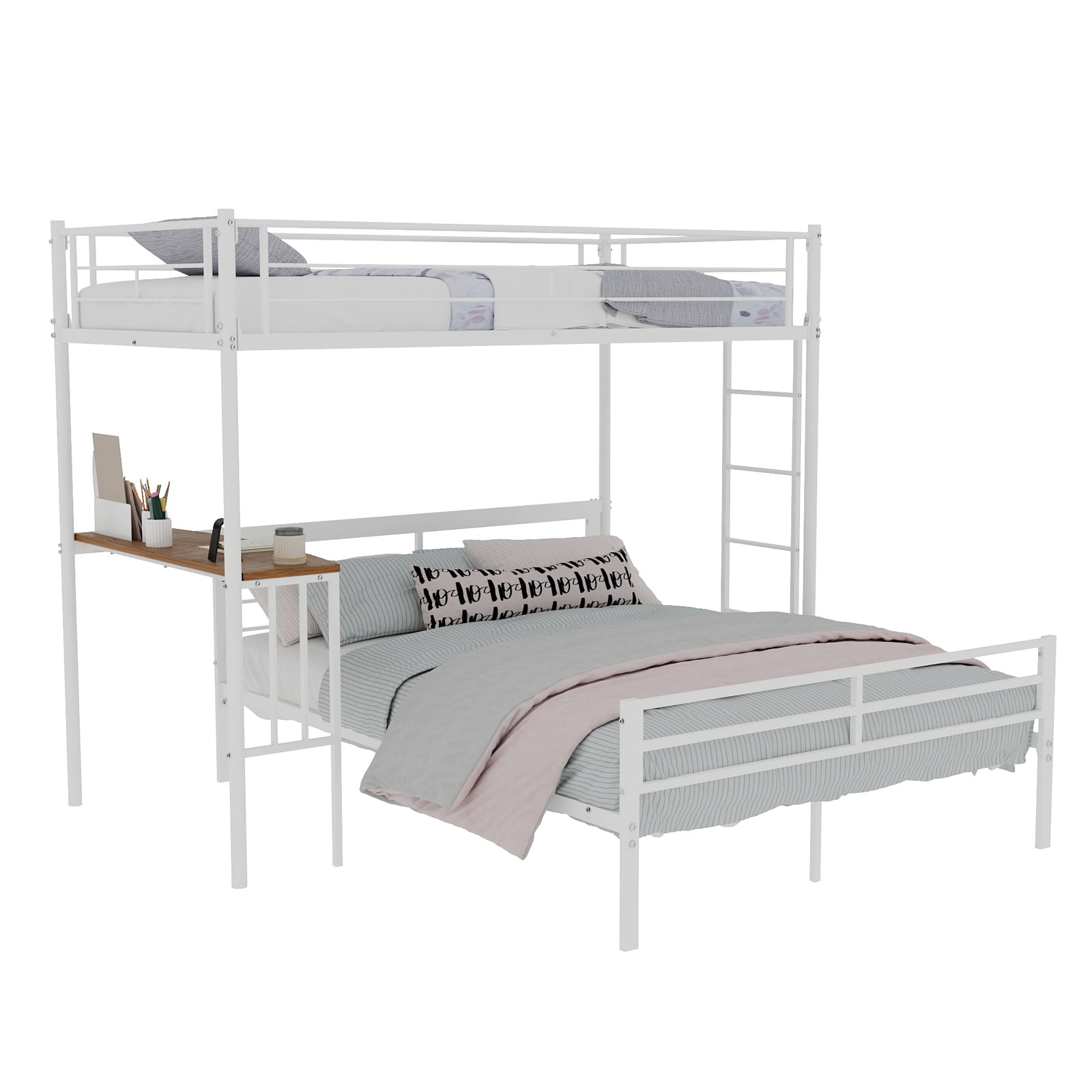 Alvantor Twin over Full Bunk Bed with Desk, Metal Bunk Bed Frame for Kids/Teens, No Box Spring Needed White