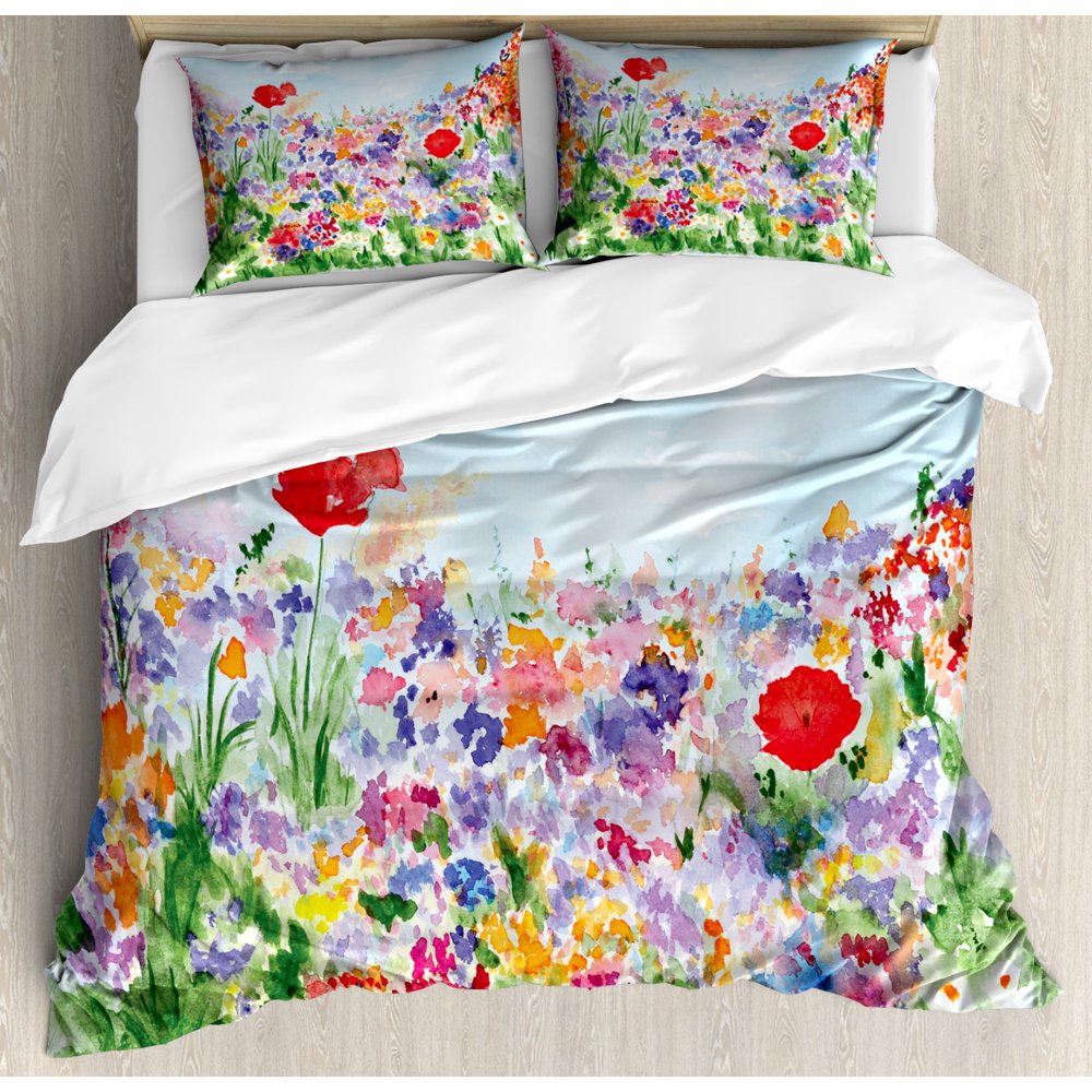 Watercolor Flower Queen Size Duvet Cover Set, Floral Summer Garden with