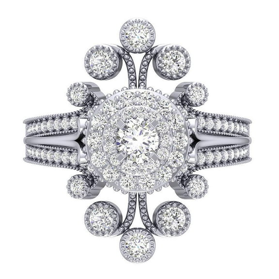 Dual Halo Milgrain Art Deco Cluster Diamond Ring 2.4 Ct Diamond 14K White Gold Over