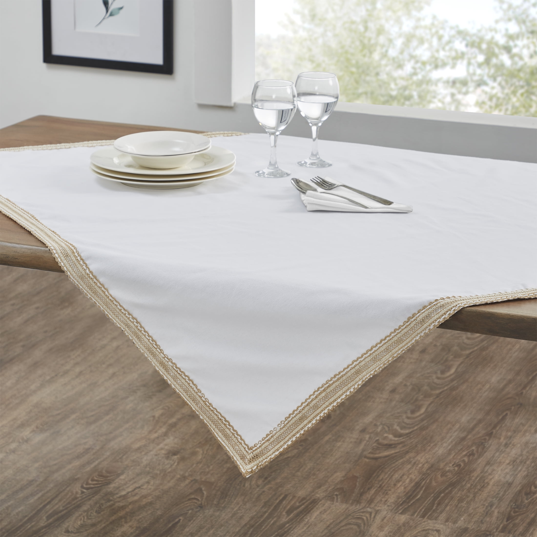 My Texas House Declan Jute Trim Cotton 50" x 50" Square Tablecloth Throw, Natural/White, 1 Piece