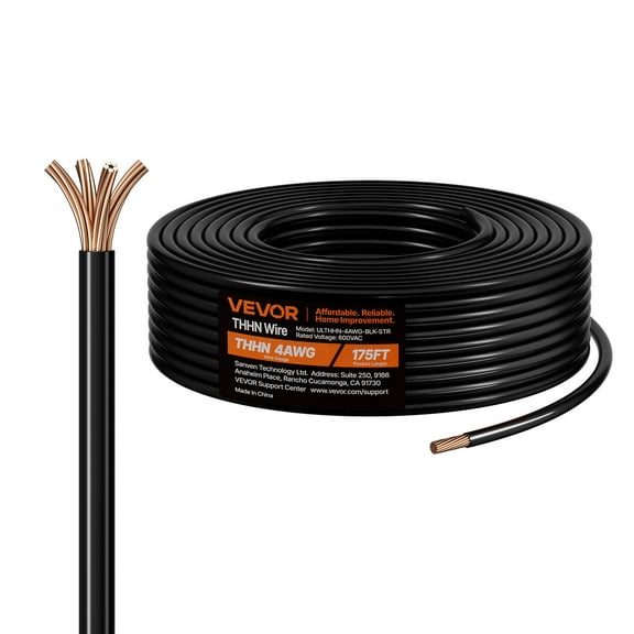 VEVOR 4 AWG THHN Wire, 19-Stranded, 100% OFC Copper Electrical Building Wire with Nylon Jacket, Rated for Up to 600 Volts, for Indoor & Outdoor Use, Commercial, Industrial, Residential, Black