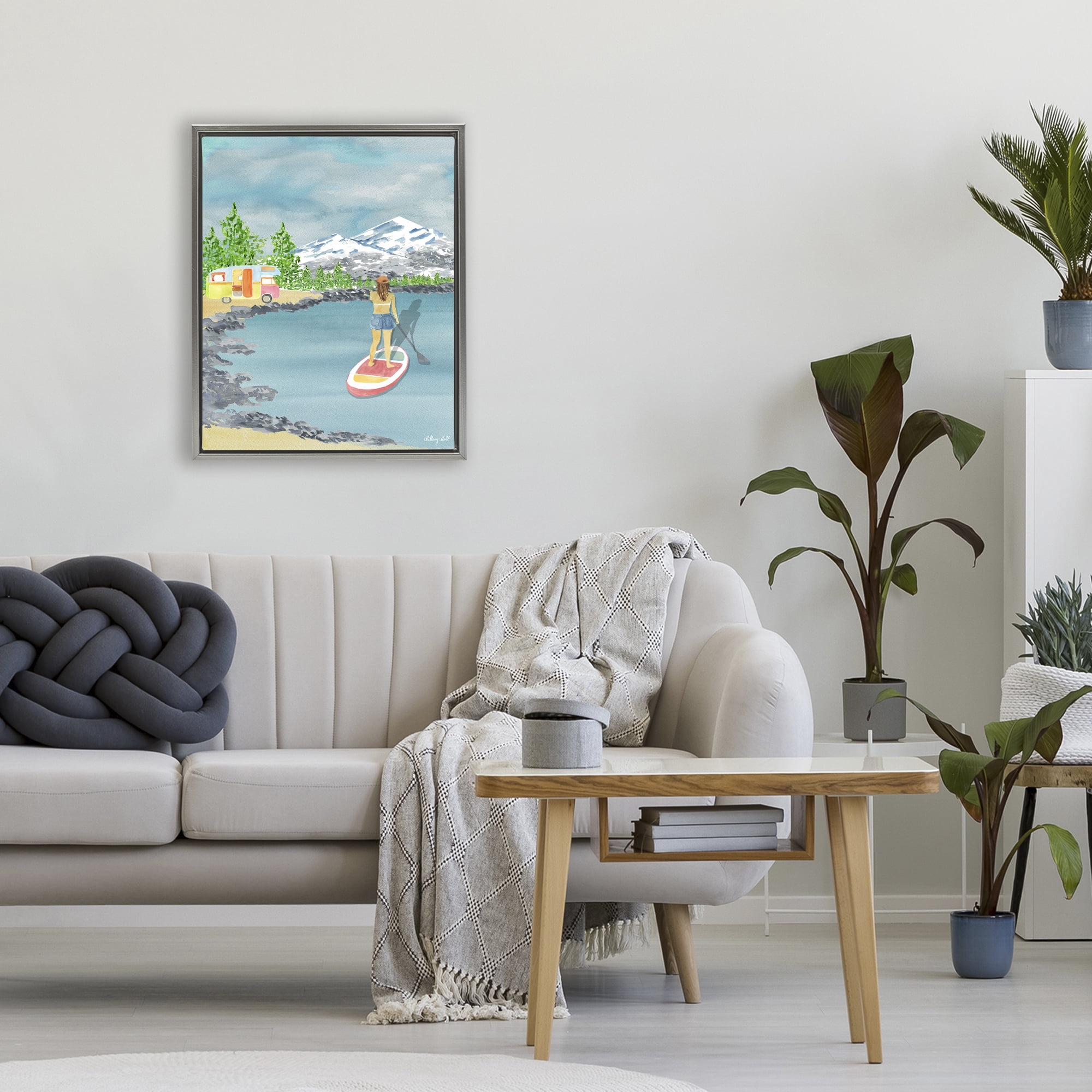 Stupell Industries Lake Tahoe Paddle Boarding Gray Framed Floater Canvas Wall Art, design by Hillary Holt