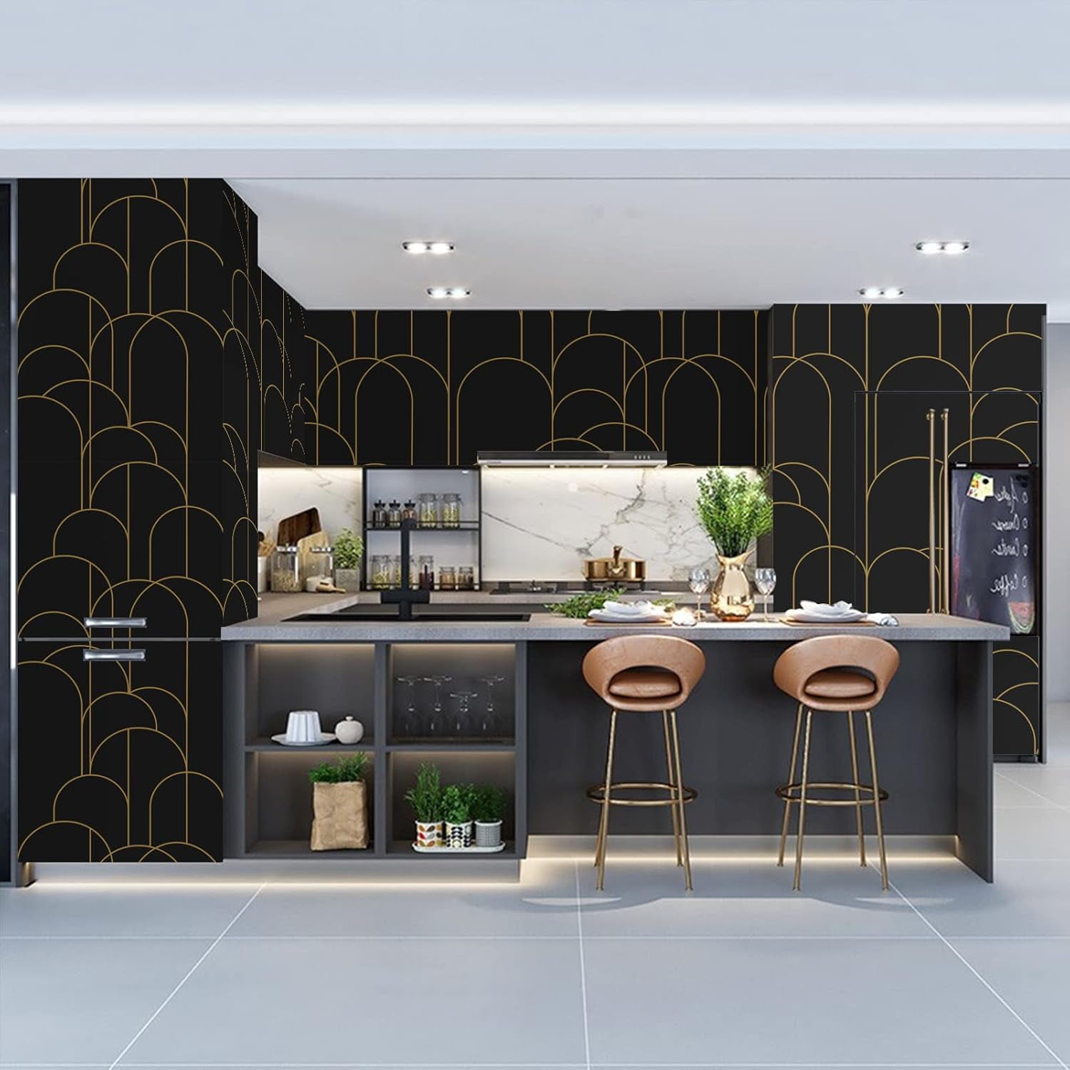 (4 pack) Abyssaly Black Peel and Stick Wallpaper Strip Line Contact Paper 17.7" x 78.7" Black/Gold Geometric Self-Adhesive Removable Vinyl Wallpaper for Bedroom