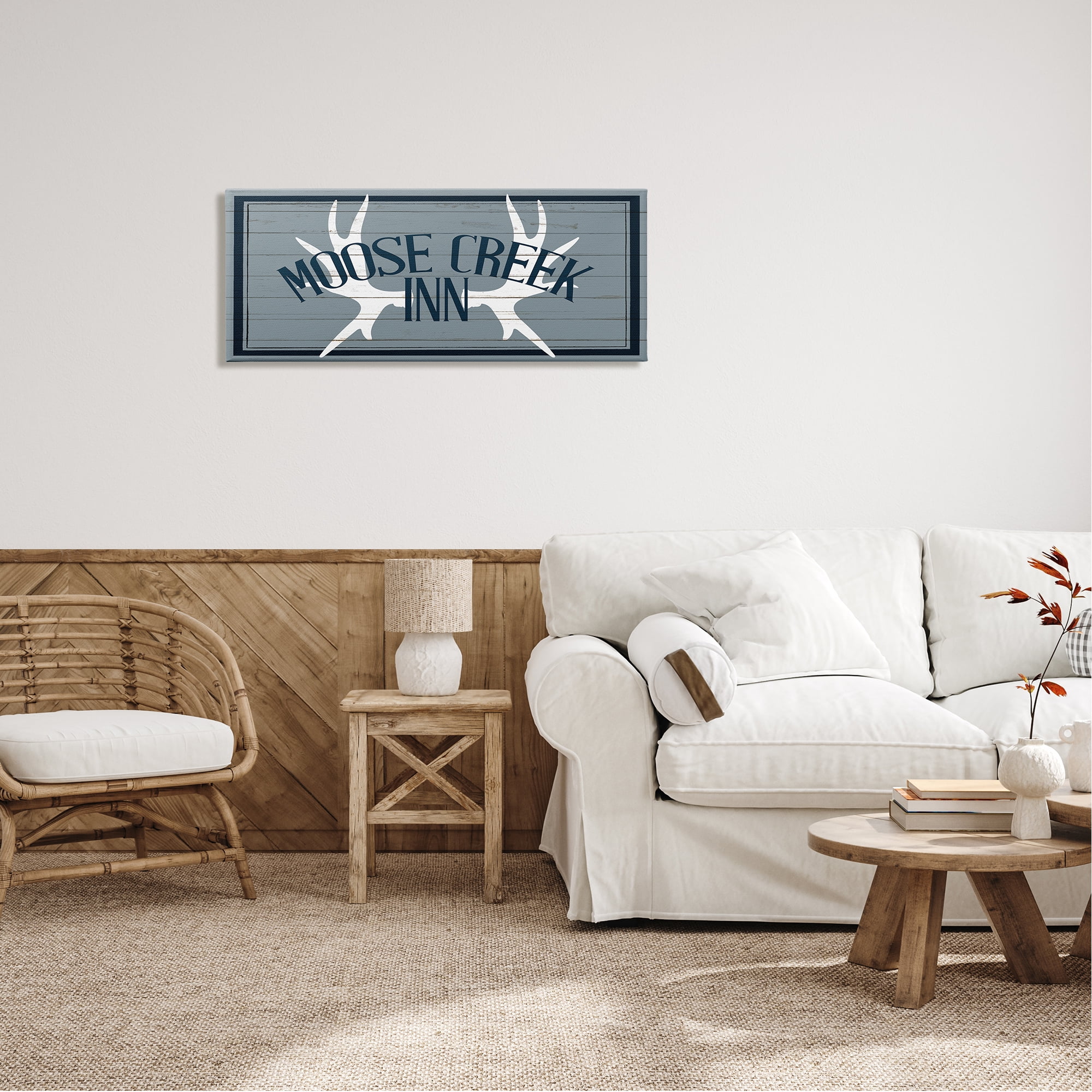 Stupell Industries Blue Moose Creek Inn Sign Rustic Antlers Cabin Theme Canvas Wall Art, 40 x 17, Design by Kim Allen
