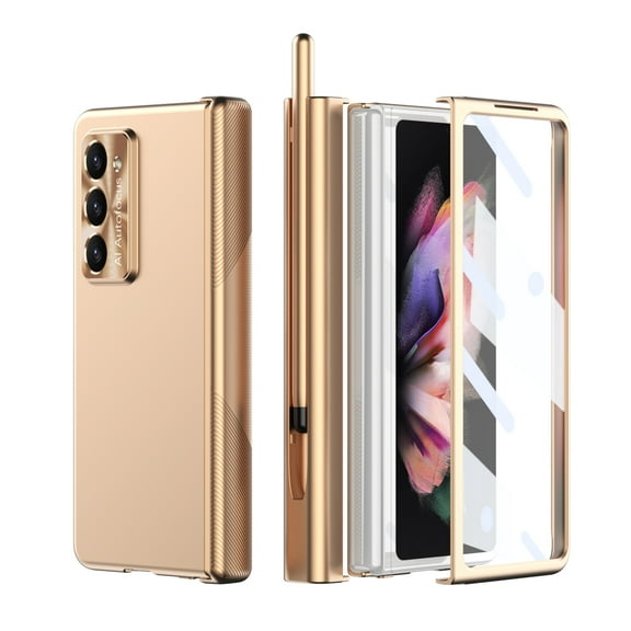 For Samsung Galaxy Z Fold 7 Plating Case, Magnetic Double Hinge Protection with S Pen Holder and Stylus, Shockproof Full-body Cover with Front Tempered Glass Screen Protector Film,Gold