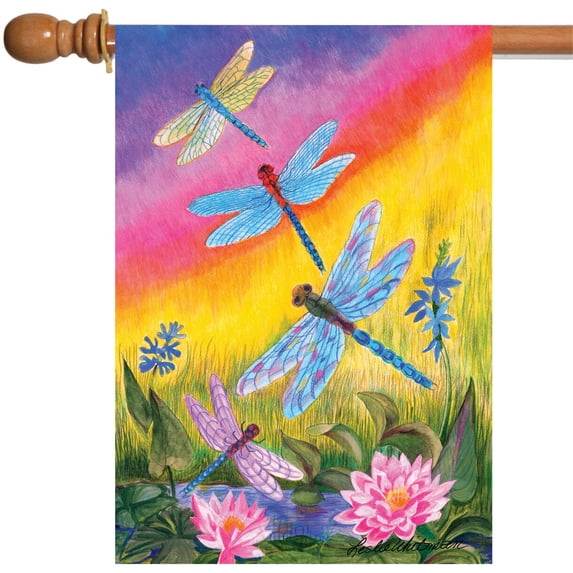 Dusk Dragonflies 28x40 Bright Colorful Sunset Dragonfly House Flag