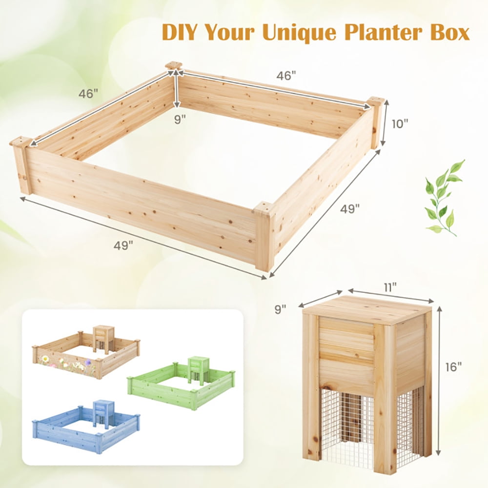 Spaco 49" x 49" x 10" Raised Garden Bed with Compost Bin and Open-ended Bottom-Natural, Outdoor Elevated Flower Box for Backyard/Patio/Gardener