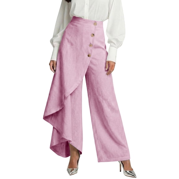 ZToonmas Womens Linen Asymmetric Wrap Wide Leg Pants High Waist Wooden Buttons Hidden Elastic Waist Loose Straight Long Casual Pants