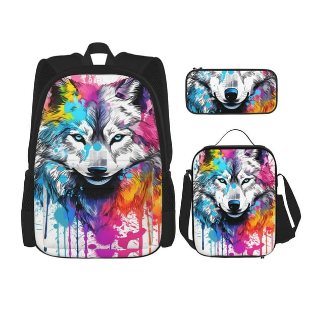 Disketp Cool Colorful Wolf Mochila Estampada de Gran Capacidad con Lonchera y Estuche, Set de 3 Piezas para Estudiantes