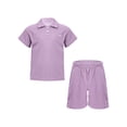 thumbnail image 3 of iixpin Kids Girls Boys Two-Piece Outfit Turn-Down Collar Short Sleeve Letter Embroidery T-shirt with Purple 140, 3 of 6