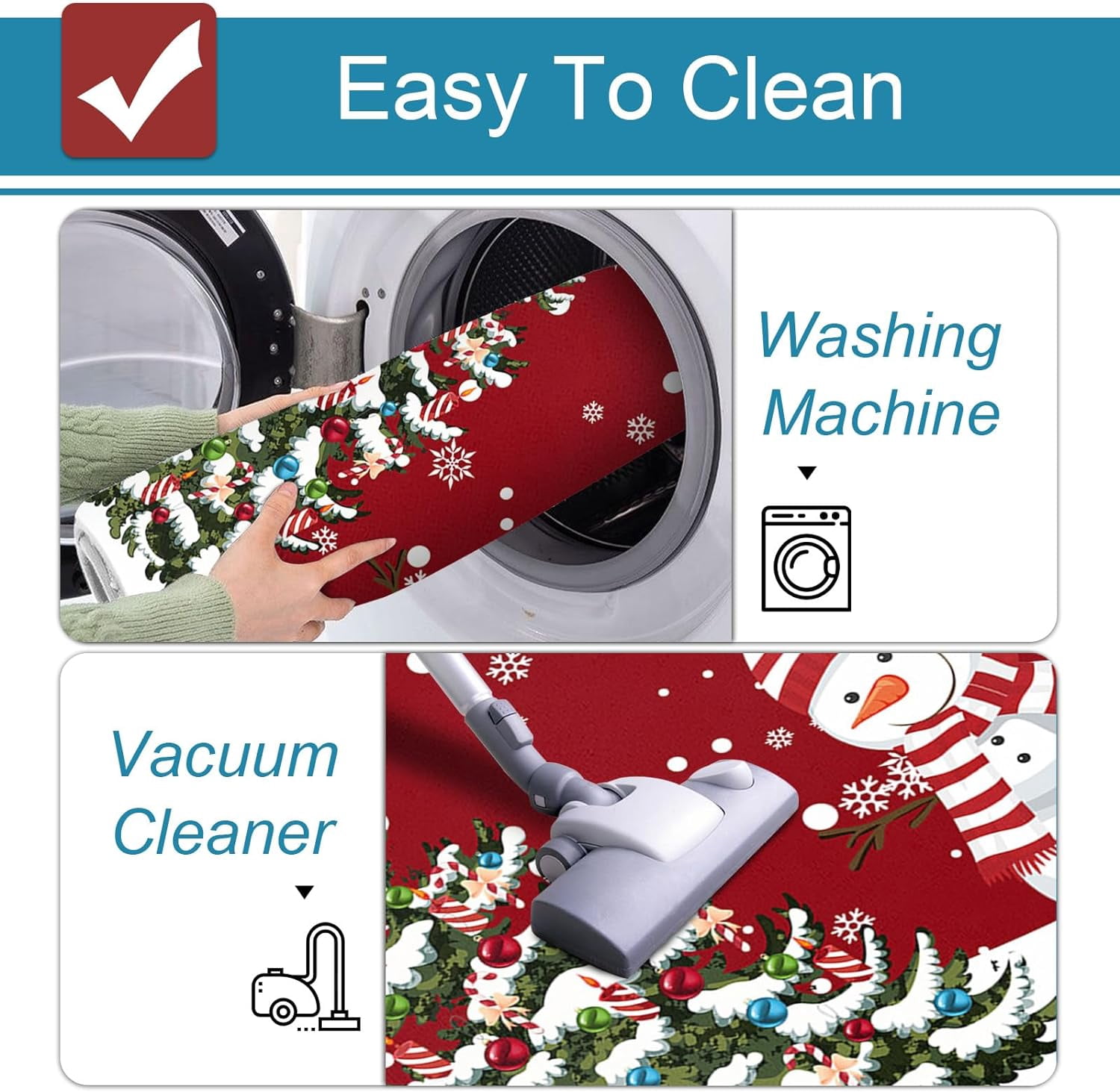 Winter Cartoon Snowman Kitchen Rugs and Mats Non Skid Washable Floor Doormat, Christmas Tree Colorful Balls 2 Piece Comfort Sink Standing Rug Area Runner Non-Slip Rubber Backing Mat Snowflakes on Red