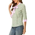 thumbnail image 4 of INSPIRE CHIC Women's Bow Tie Neck Contrast Trim 3/4 Sleeve Floral Blouse M Green, 4 of 7