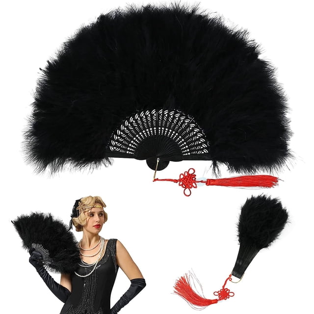 Abanico de plumas de marabú NQ plegable para disfraz de los años 20 negro