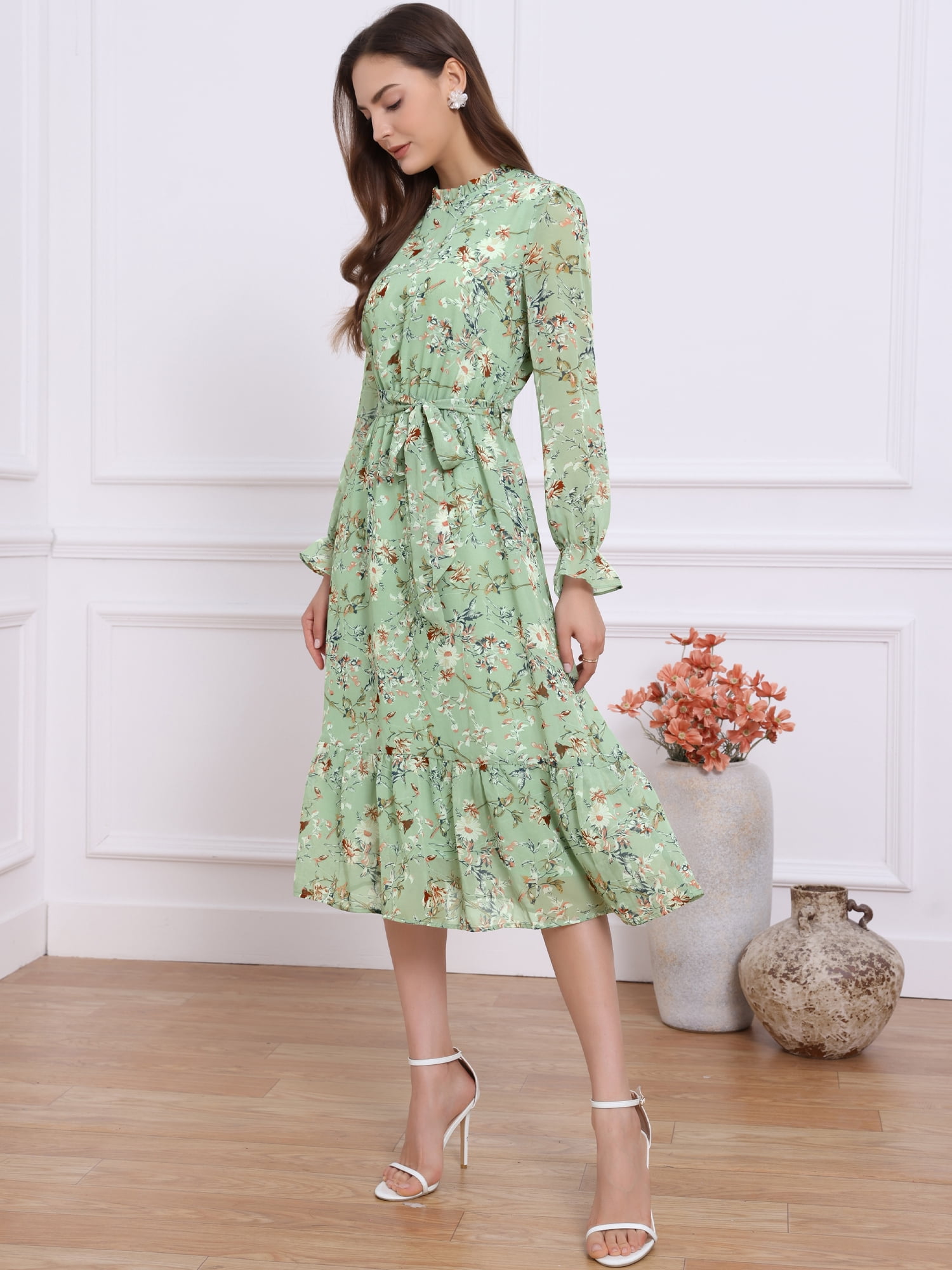 DARING DIVA Fall Floral Long Sleeve Chiffon Midi Dress M Grey Green