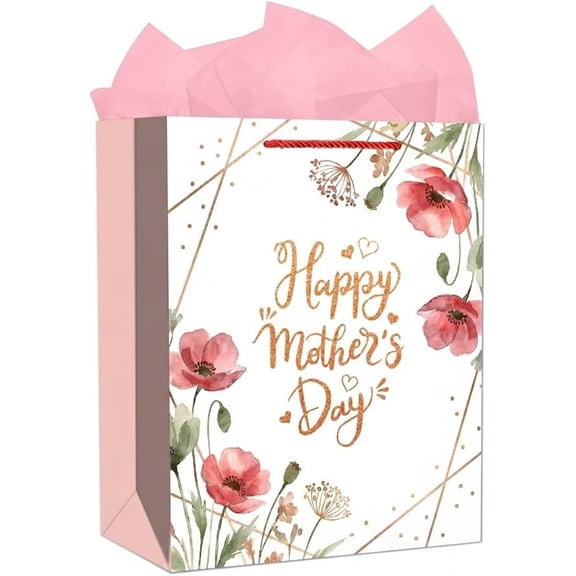 WaaHome Mothers Day Gift Bag for Mom - Happy Mother's Day Gift Bags with Tissue Paper and Handle, 11.5'' Large Watercolor Flower Mom Wrapping Paper Bag for Grandma Wife Sister Women Friend