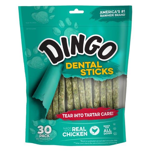 Dingo Dental Sticks Dog Chews, Made w/ Real Chicken, 30 Count, Natural