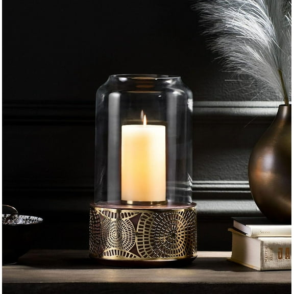 Mango Wood Hurricane Candle Lantern - Natural & Nickel Finish