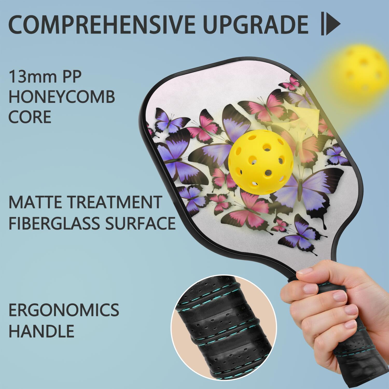 Pickleball Paddles Set Of 2, Fiberglass Surface, Vintage Floral & Butterfly, 4 Balls & Bag