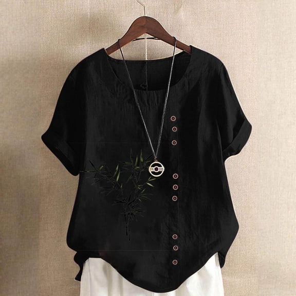 Uootdi Woman Cotton Linen Tops Boho Floral Printed Short Sleeve Shirt Trendy Spring Summer Beach T-Shirt Gift