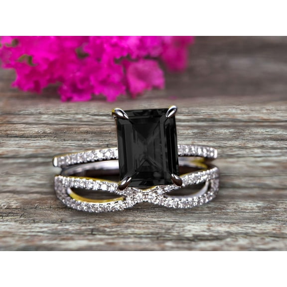 Art Deco 2.50 Carat 7x5mm Emerald Cut Black Diamond Moissanite Wedding Set 10k White Gold Bridal Ring Loop Infinity Stacking Matching Band