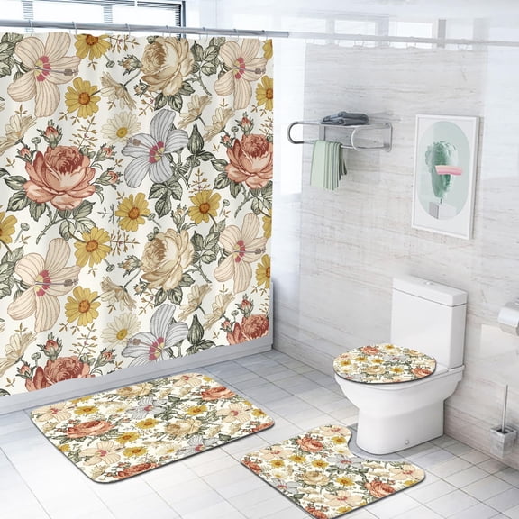 Yellow Floral Shower Curtain Set Vintage Plant Watercolor Boho Flower Mustard Spring Mat Toilet Lid Cover U Shaped Bath Mat 4 Pcs Decor Bathroom Non-Slip Rug Fabric Polyester 60x72 Inch
