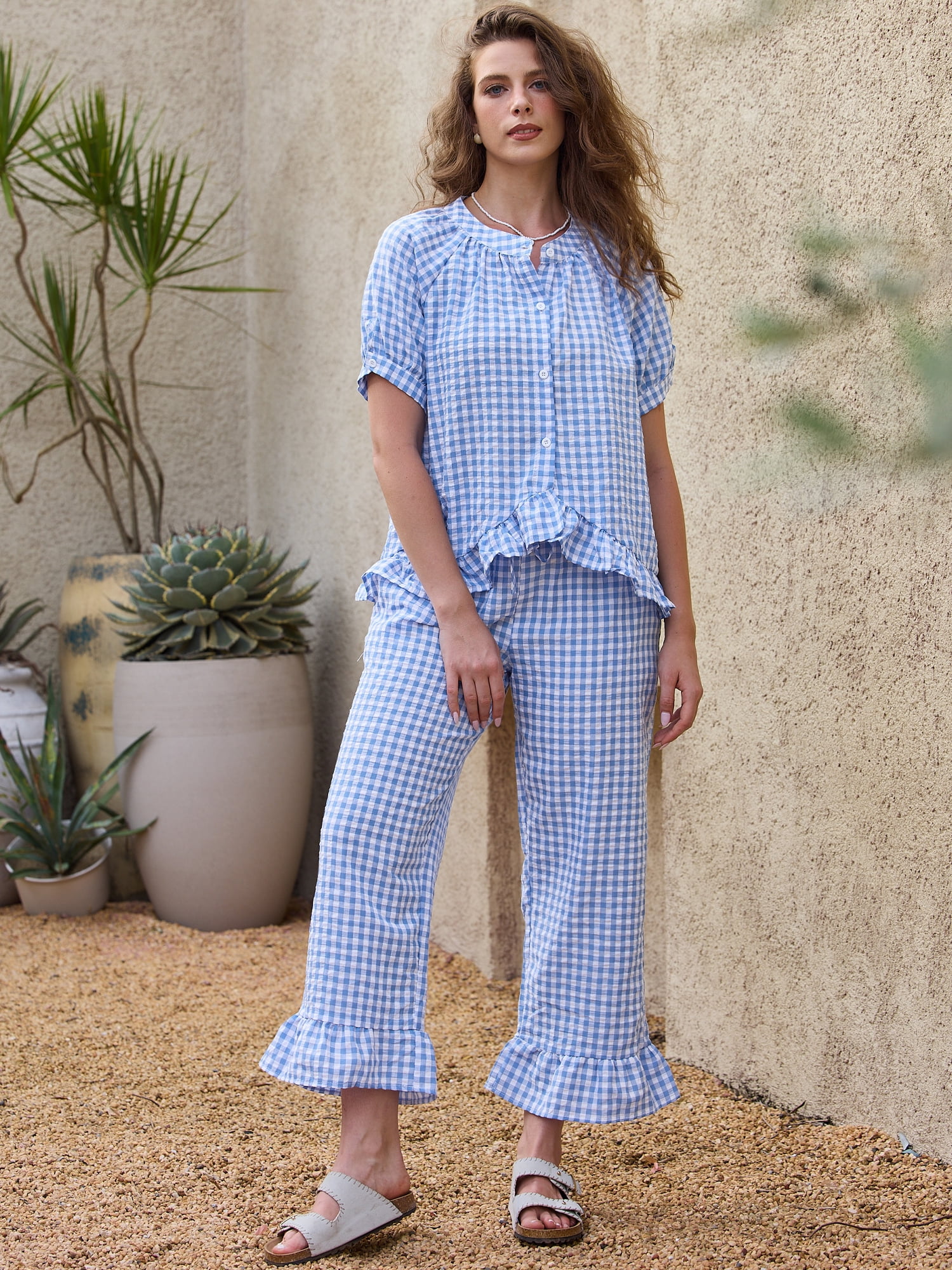 DARING DIVA Women's 2 Piece Pajamas Sets Gingham Short Sleeve Babydoll Shirt S Blue
